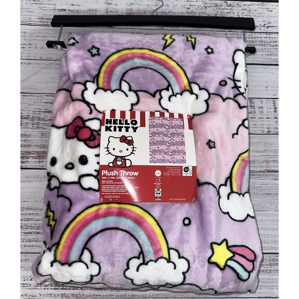 Hello Kitty Plush Throw Blanket Purple Pink Rainbow Star Cloud 50 x 70 in New